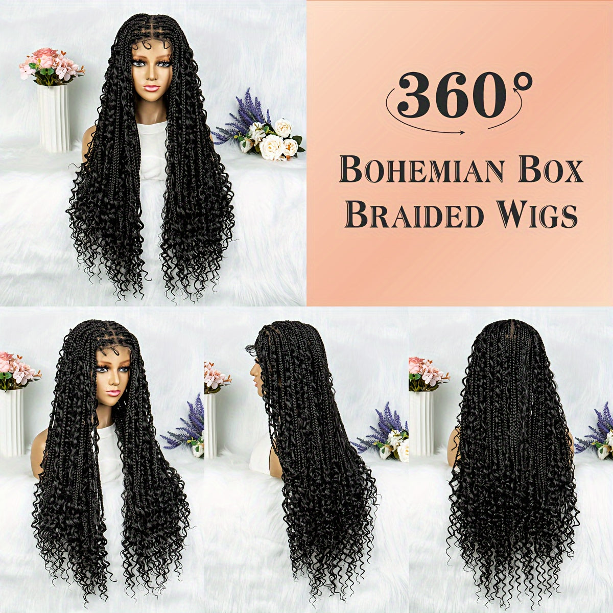 Boho Knotless Braided Wigs for & Men - Double Full Lace Synthetic Hair with Hair, 200% Density Curly Wave, Heat Resistant & Breathable, Unisex Bohemian Box Braids for Everyday & Special Occasions